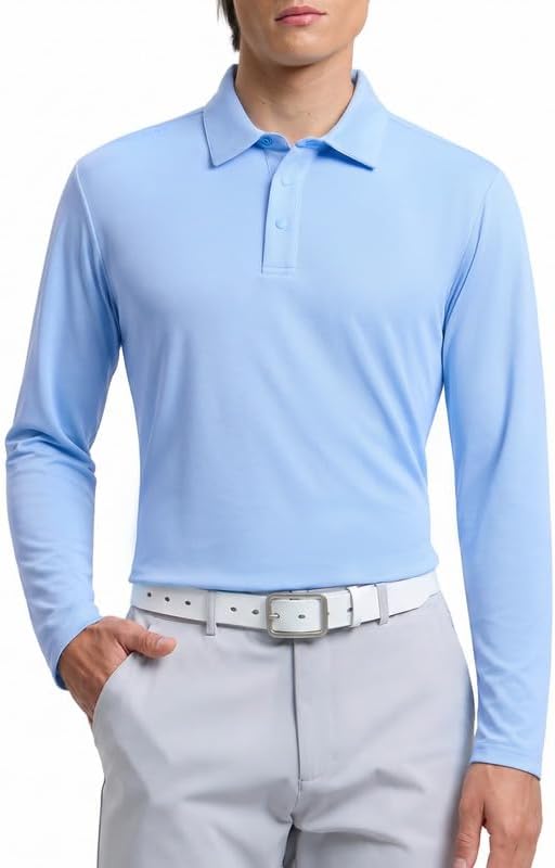 Men's Long Sleeve Golf Polo, Moisture Wicking - Light Blue