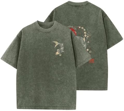 Japanese Shirts for Men Koi Fish Shirt Vintage Graphic Tees for Men - Washed Green