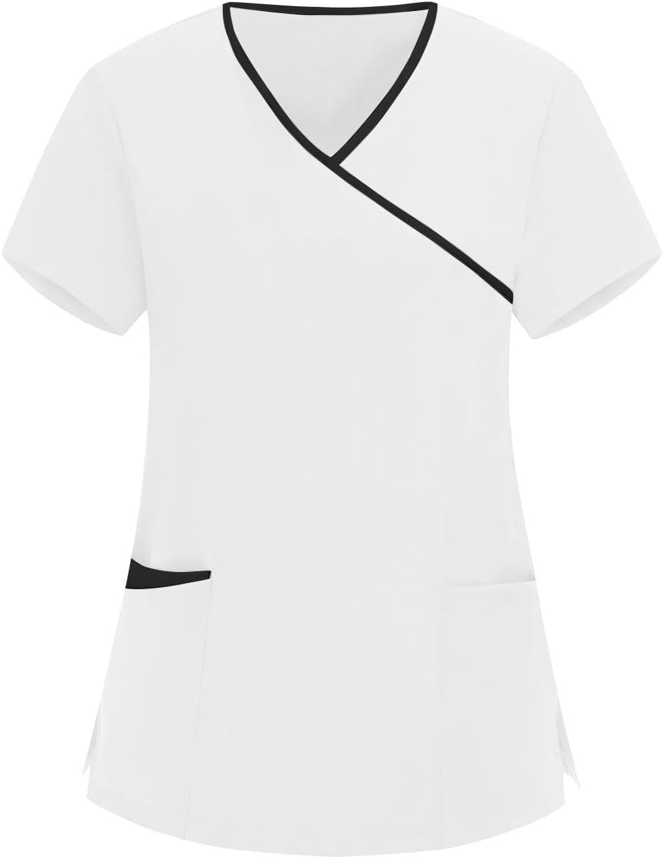 Scrubs Top for Women with Pocket Short Sleeve V Neck Nurse Uniform High Elastic Breathe Summer Scrub Housekeeping - White
