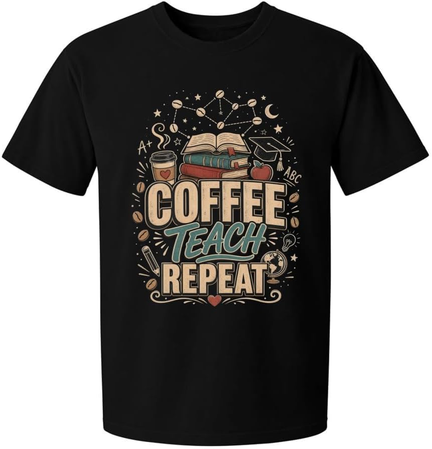 Coffee Teach Repeat T-Shirt Retro Classroom Globe Badge Tee - S6