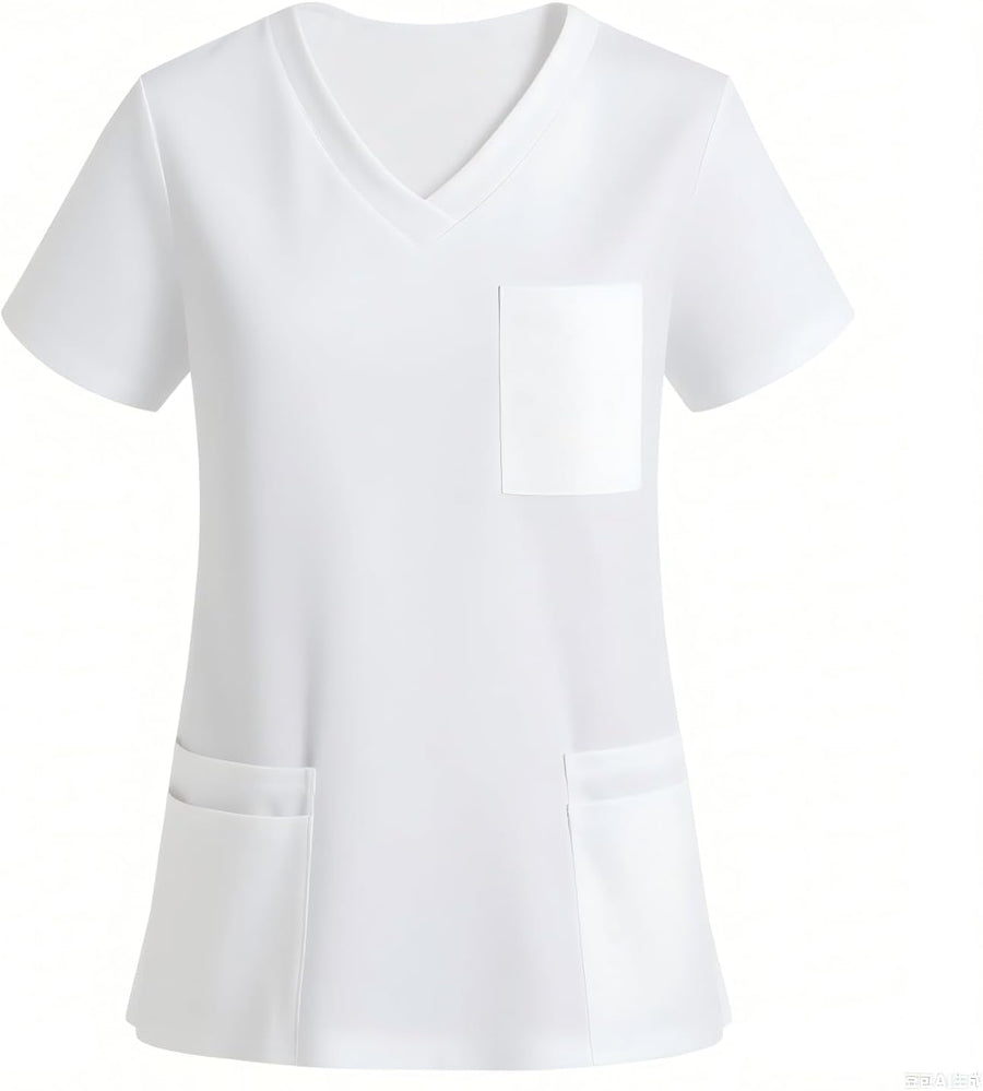 Scrubs Tops Women, Short Sleeve V Neck Nurse Working Uniforms - White