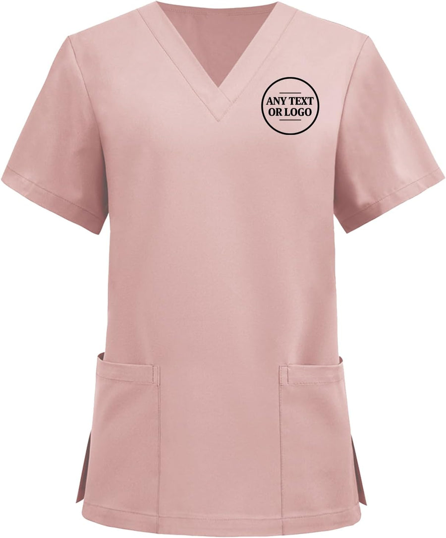 Personalized V-Neck Scrub Top for Women Medical Uniform with Pockets Quick Dry Nurse Workwear Add Your Name Logo - Pink