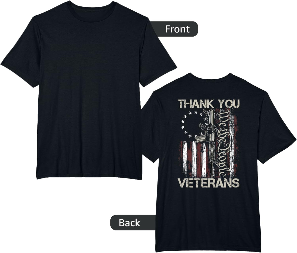 USA Veteran Gun American Flag Thank You Veterans (on back) Women Men T-Shirt - Black