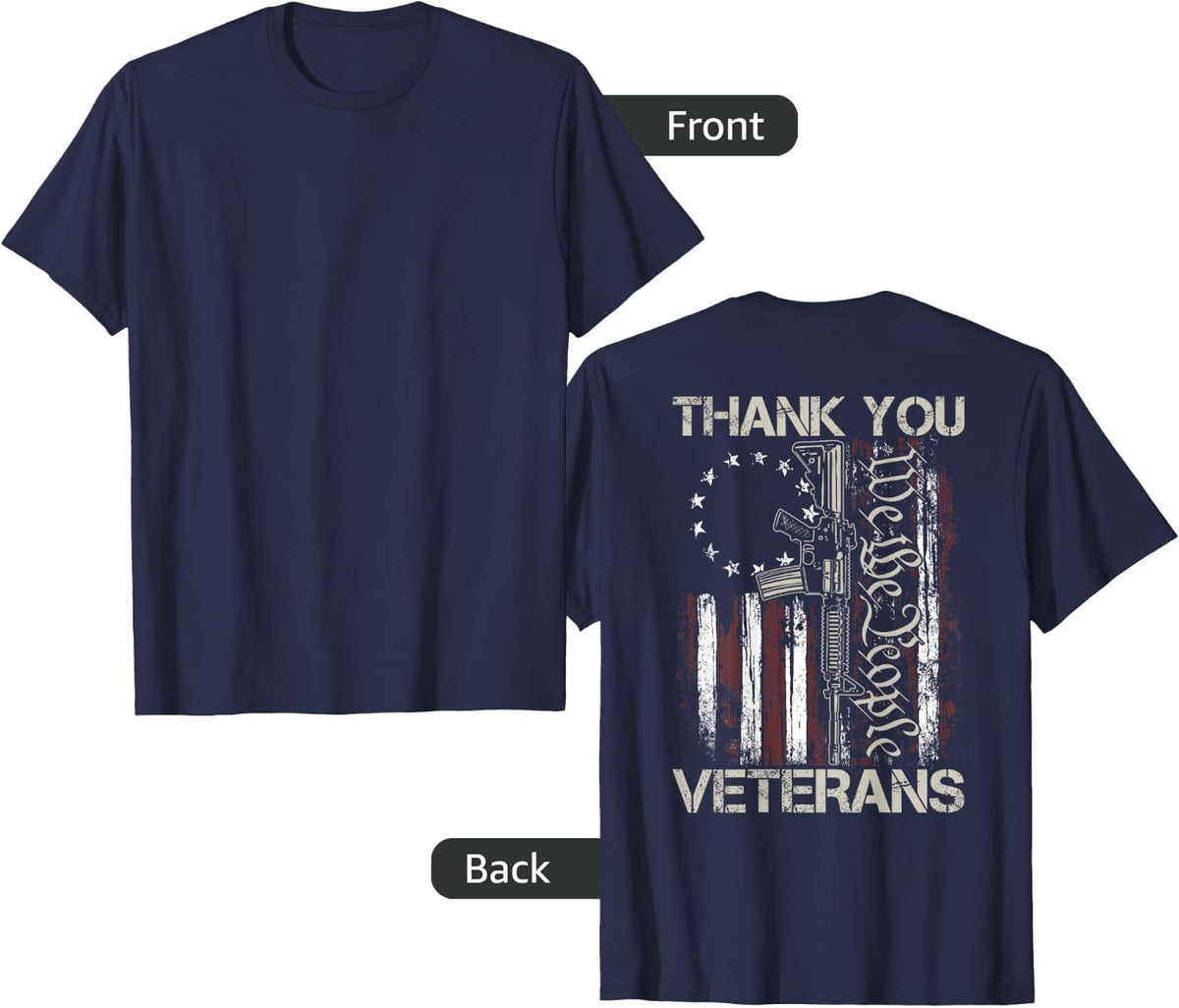 USA Veteran Gun American Flag Thank You Veterans (on back) Women Men T-Shirt - Navy Blue