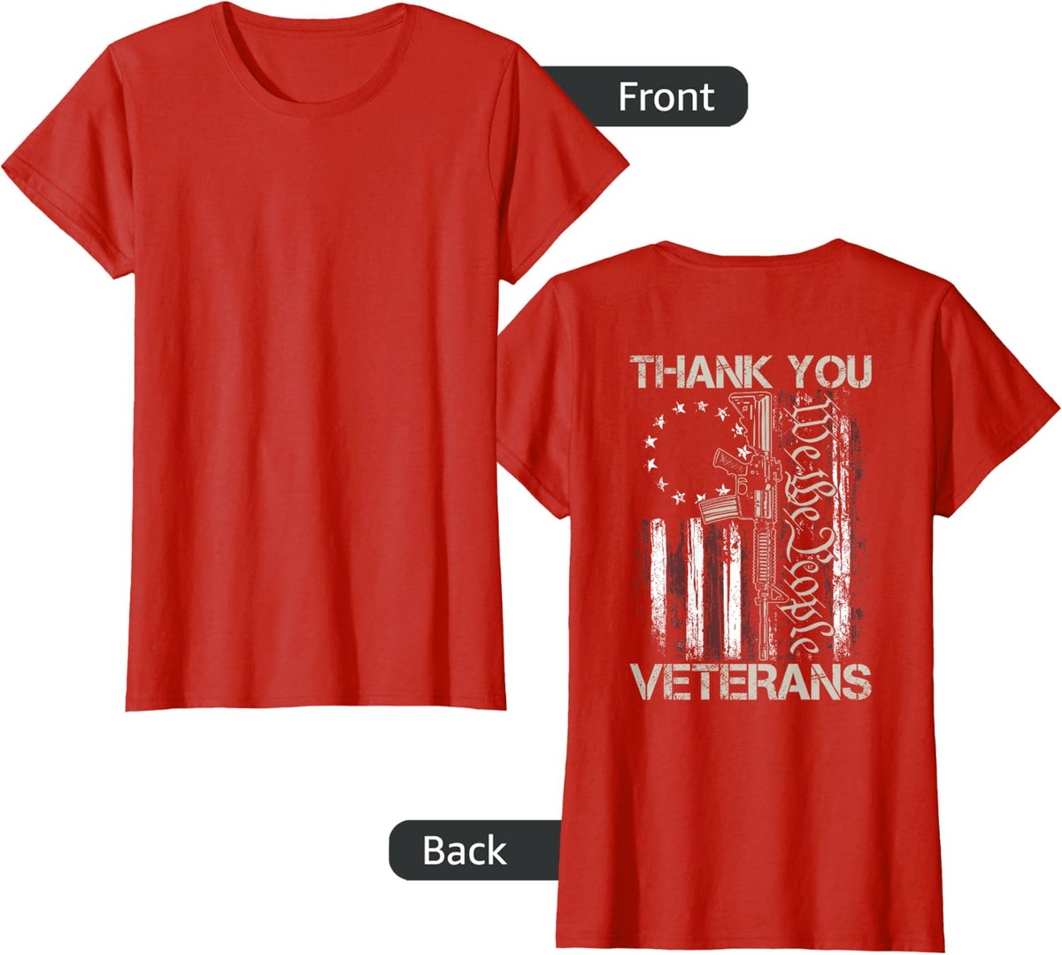 USA Veteran Gun American Flag Thank You Veterans (on back) Women Men T-Shirt - Red