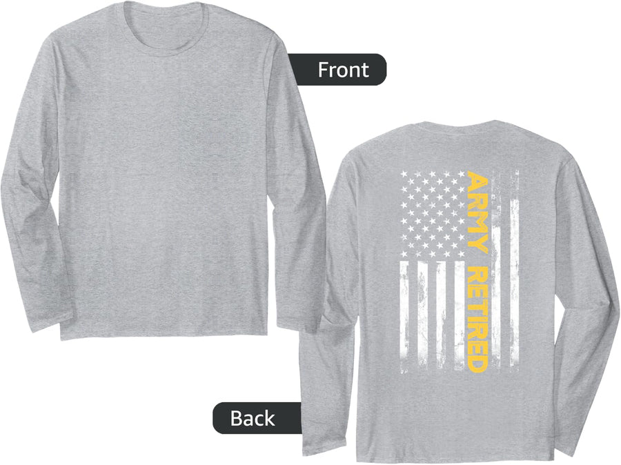 Army Retired Military Army Thin Goldline American Flag Long Sleeve T-Shirt - Adult Unisex Heather Grey