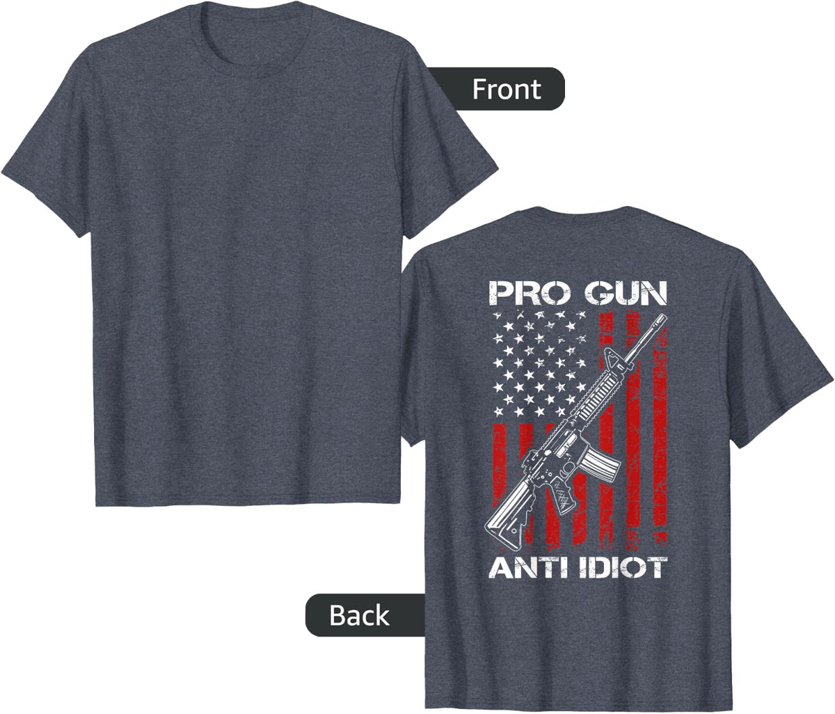 Pro Gun Anti Idiot - AR15 USA Flag 2nd Amendment - ON BACK T-Shirt - Heather Blue