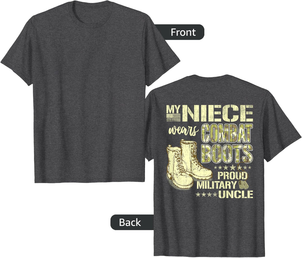 My Niece Wears Combat Boots Dog Tags - Proud Military Uncle Men Women T-Shirt - Dark Heather Grey