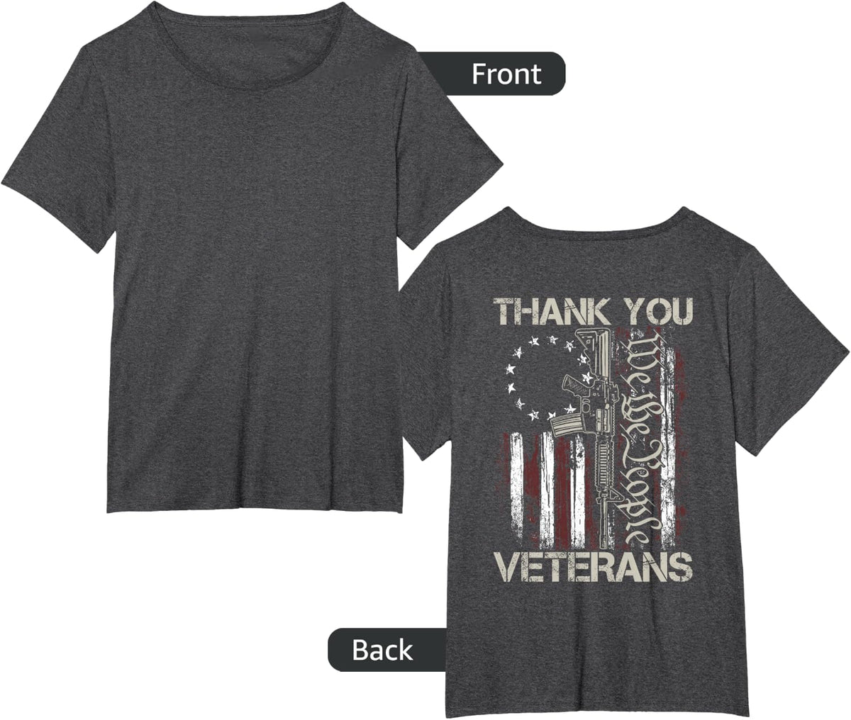 USA Veteran Gun American Flag Thank You Veterans (on back) Women Men T-Shirt - Dark Heather Grey