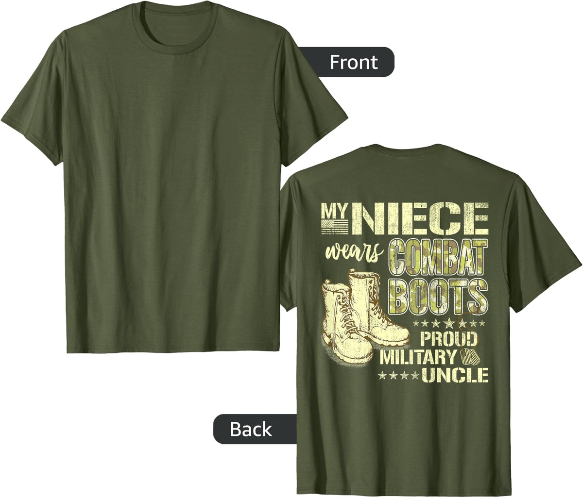 My Niece Wears Combat Boots Dog Tags - Proud Military Uncle Men Women T-Shirt - Olive Green