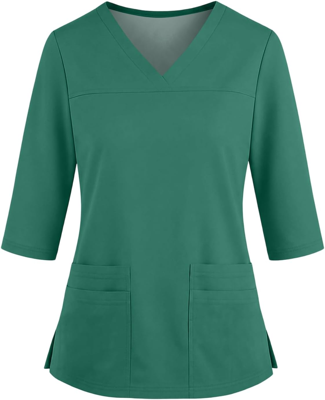 Womens Scrubs Side Slits Loose Fit 3/4 Sleeve V Neck Tops with Pockets - Ba02- Dark Green