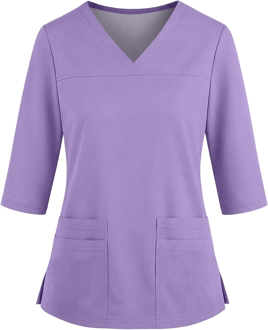 Womens Scrubs Side Slits Loose Fit 3/4 Sleeve V Neck Tops with Pockets - Ba12- Purple