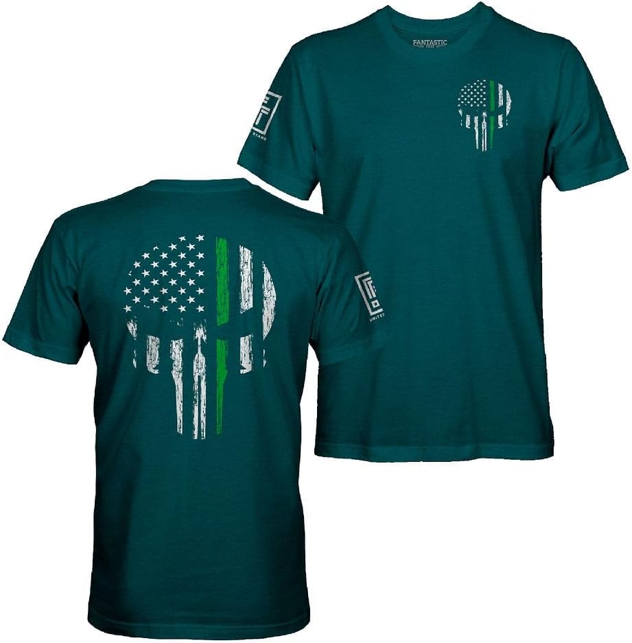 Fantastic Tees American Flag Skull Service Men's Patriotic T-Shirt - Green Line - Midnight Shirt