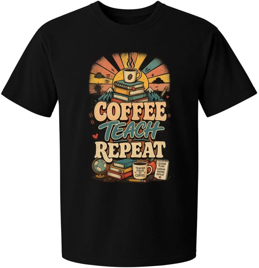 Coffee Teach Repeat T-Shirt Retro Classroom Globe Badge Tee - S3