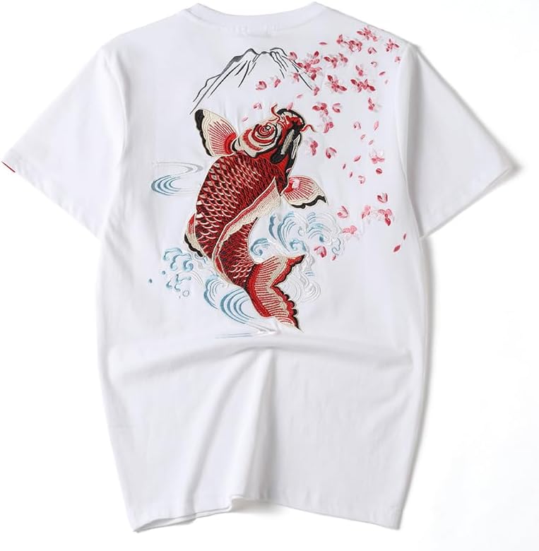 Cotton Koi Fish Embroidery T-Shirt for Men Women - 2819 White