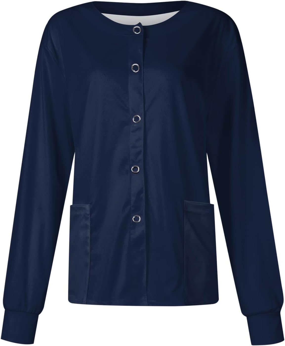 Scrub Jackets for Woman Long Sleeve Snap Front Medical Uniform Solid & Print Nurse Shirt with Pockets - 02-navy