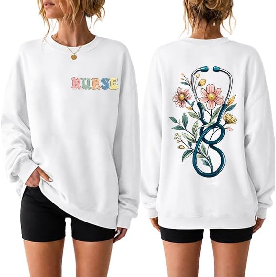 Nurse Sweatshirts For Women Funny Nurse Crewneck Stethoscope Sweatshirt - White