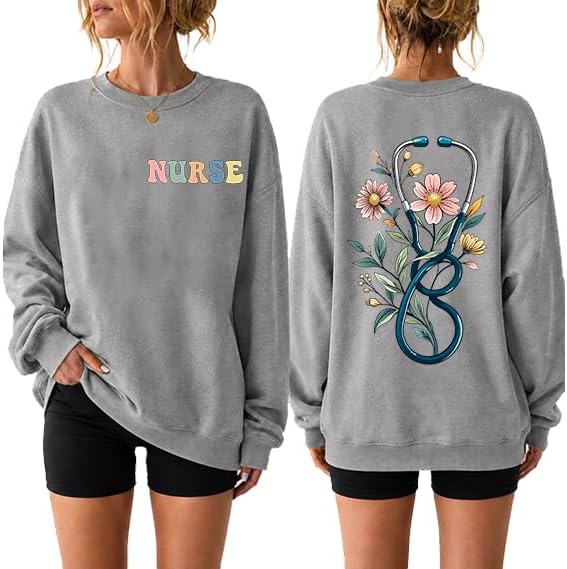 Nurse Sweatshirts For Women Funny Nurse Crewneck Stethoscope Sweatshirt - Grey