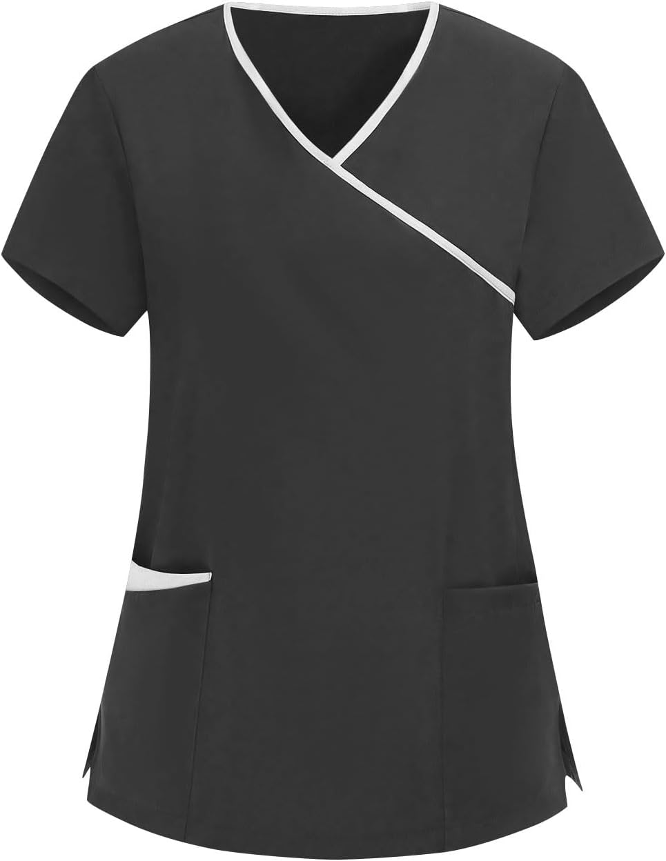 Scrubs Top for Women with Pocket Short Sleeve V Neck Nurse Uniform High Elastic Breathe Summer Scrub Housekeeping - Black