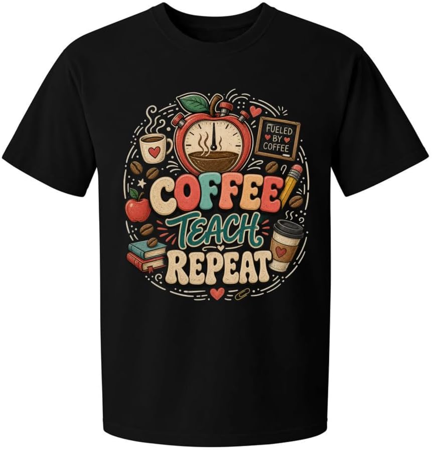 Coffee Teach Repeat T-Shirt Retro Classroom Globe Badge Tee - S10