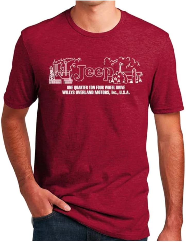 Jeep Men Willys Overland Dash Plaque Logo T-Shirt - Polycotton Blend Tee Heather Deep Red - Heather D.red