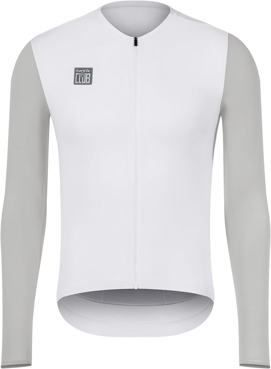Santic Men's Cycling Jersey Long Sleeve Pro Road Bike Shirt Full Zipper UPF 50+ MTB Jersey with Pockets - White