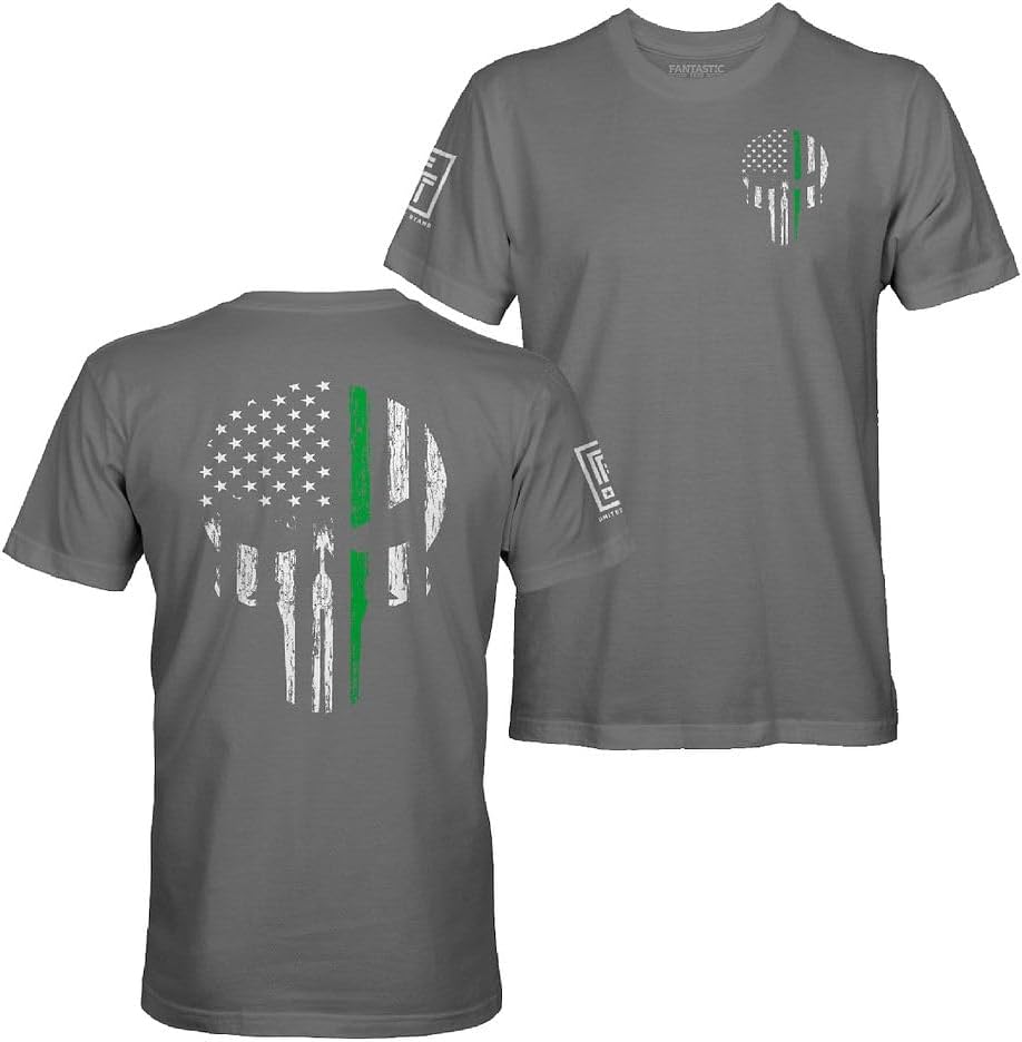 Fantastic Tees American Flag Skull Service Men's Patriotic T-Shirt - Green Line - Charcoal Shirt