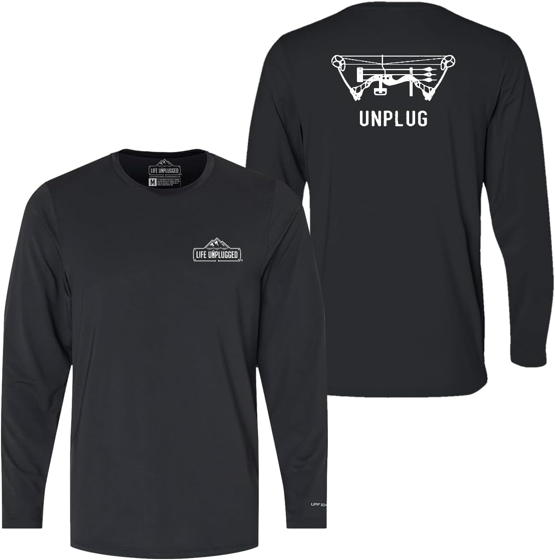 Bow Hunting Long Sleeve Shirt Men & Womens Compound Bow Poly Spandex High Performance Longsleeve with UPF 50 - Black - Back