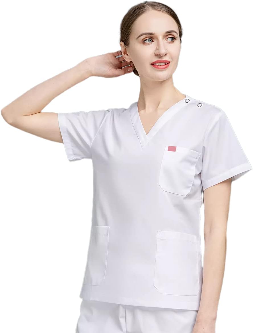 niaahinn Unisex Scrubs Classic V-Neck Top Slim Nursing Uniforms Medical Women & Men Sets (3 Colors) - White