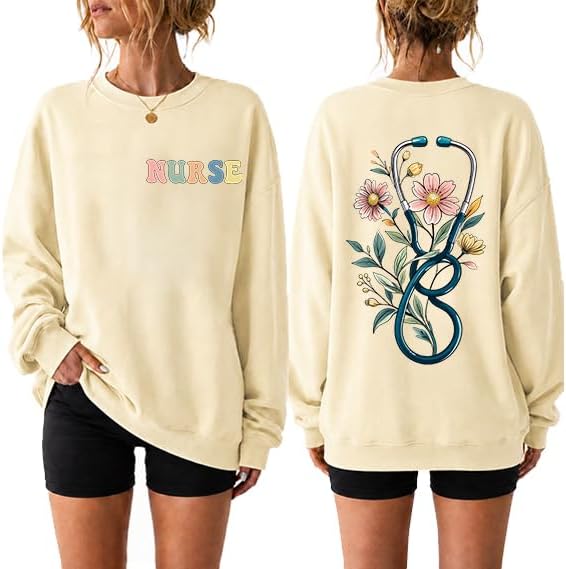 Nurse Sweatshirts For Women Funny Nurse Crewneck Stethoscope Sweatshirt - Khaki