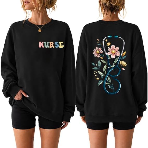 Nurse Sweatshirts For Women Funny Nurse Crewneck Stethoscope Sweatshirt - Black