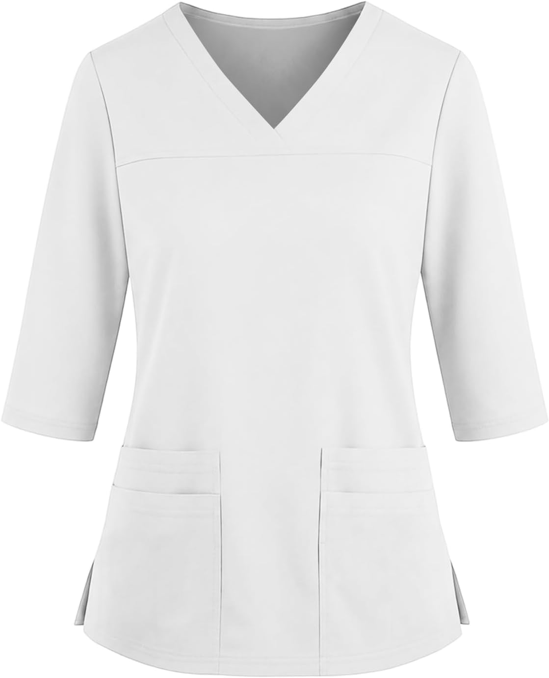 Womens Scrubs Side Slits Loose Fit 3/4 Sleeve V Neck Tops with Pockets - Ba16- White