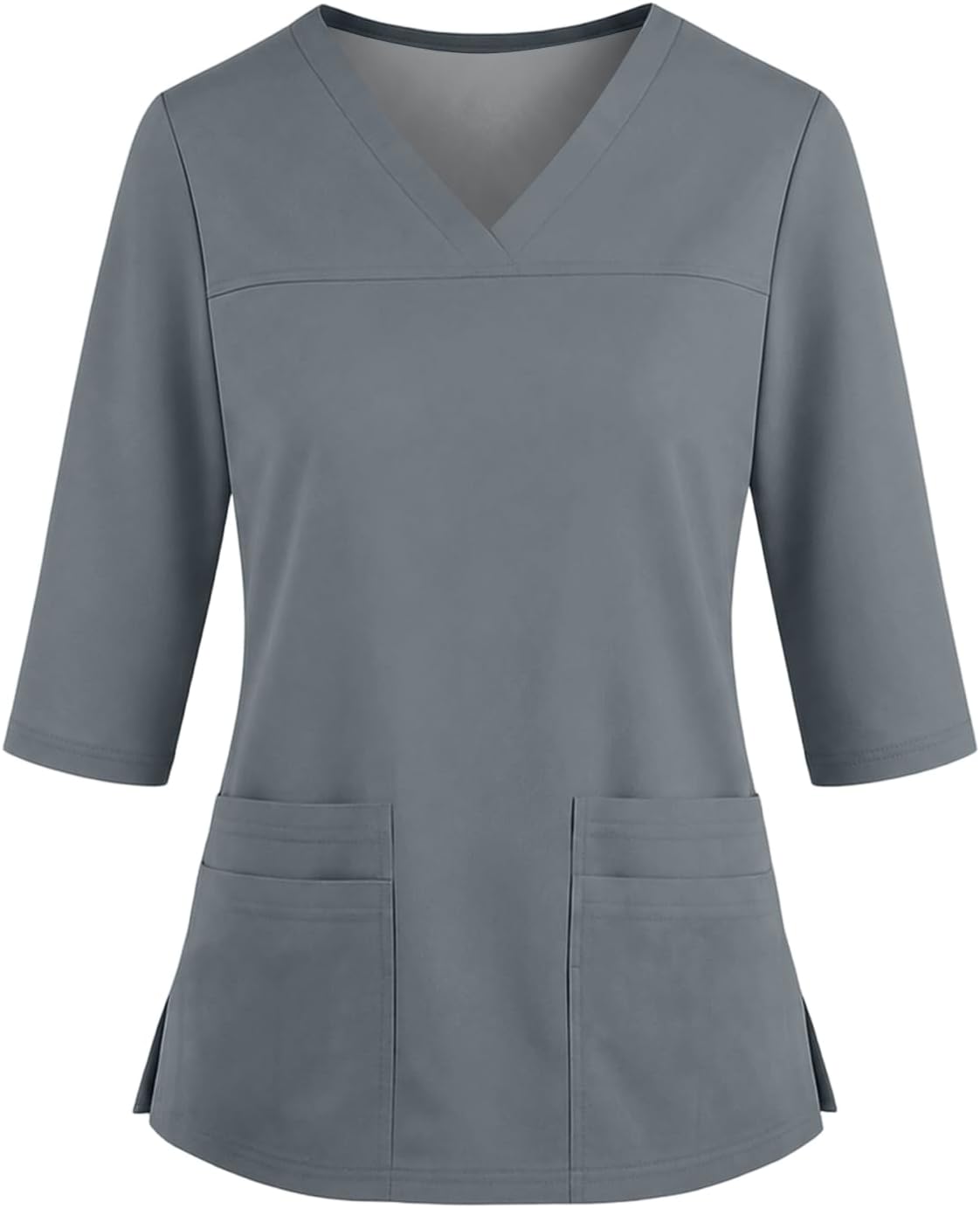 Womens Scrubs Side Slits Loose Fit 3/4 Sleeve V Neck Tops with Pockets - Ba07- Grey