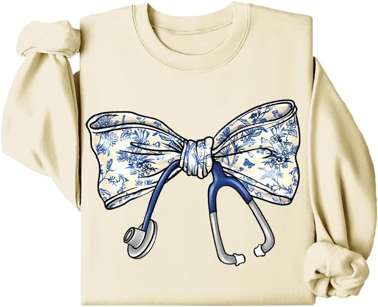 Nurse Sweatshirt For Women Nurse Bow Sweatshirt Bow Stethoscope Floral Flower Long Sleeve Shirts - Creamy Yellow