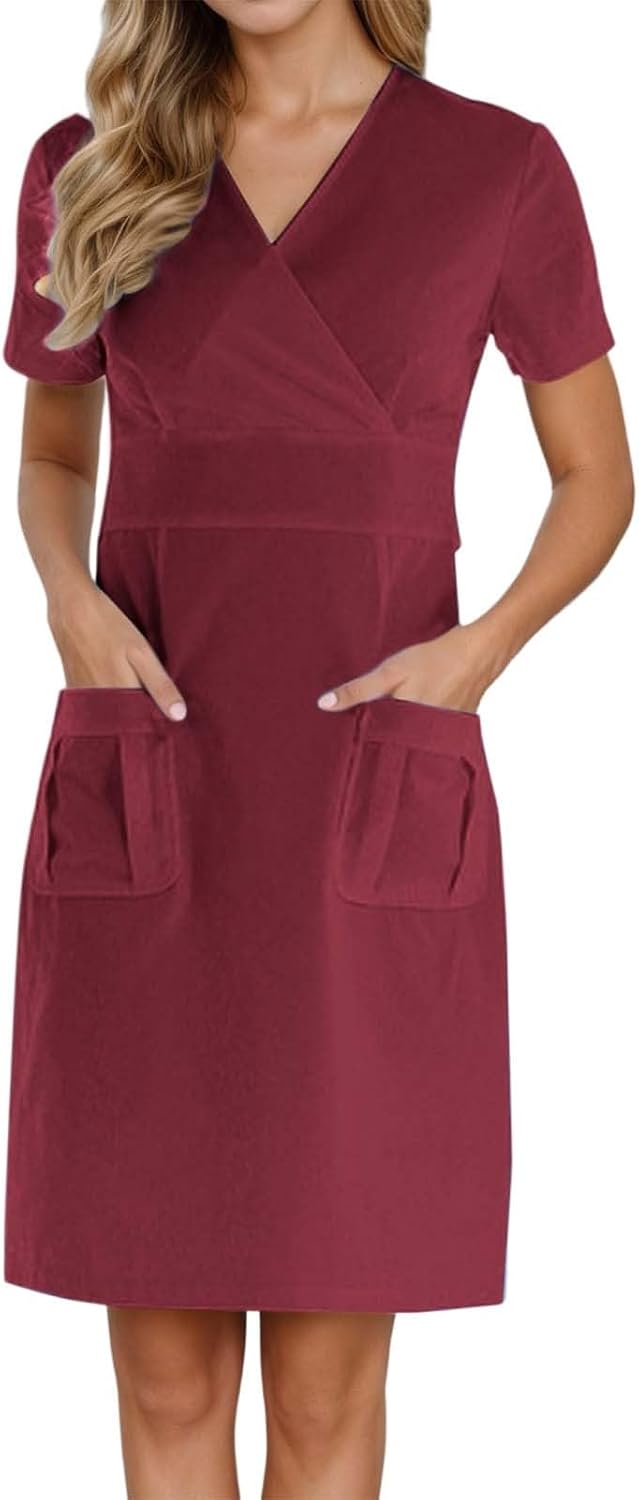 Scrubs for Women Short Sleeve Nurse Working Uniform V Neck Wrap Dress - Red
