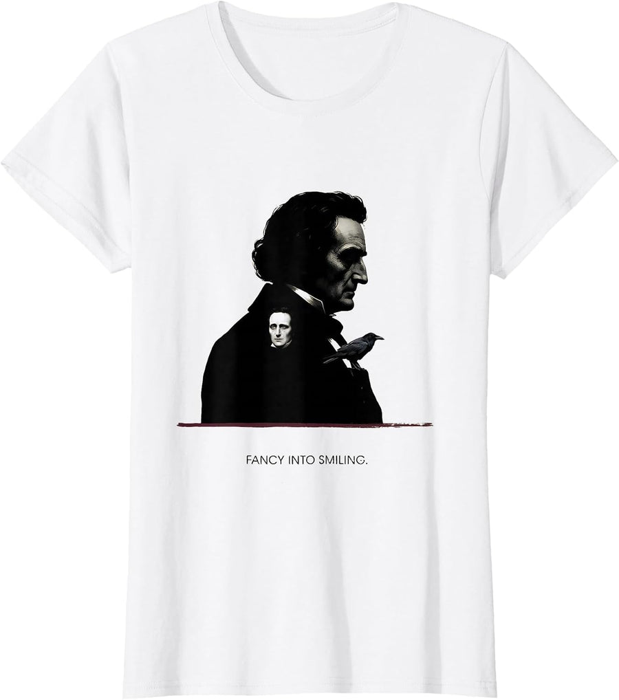 Women's Fancy Into Smiling Minimalist Gothic Edgar Allan Poe Raven T-Shirt - White