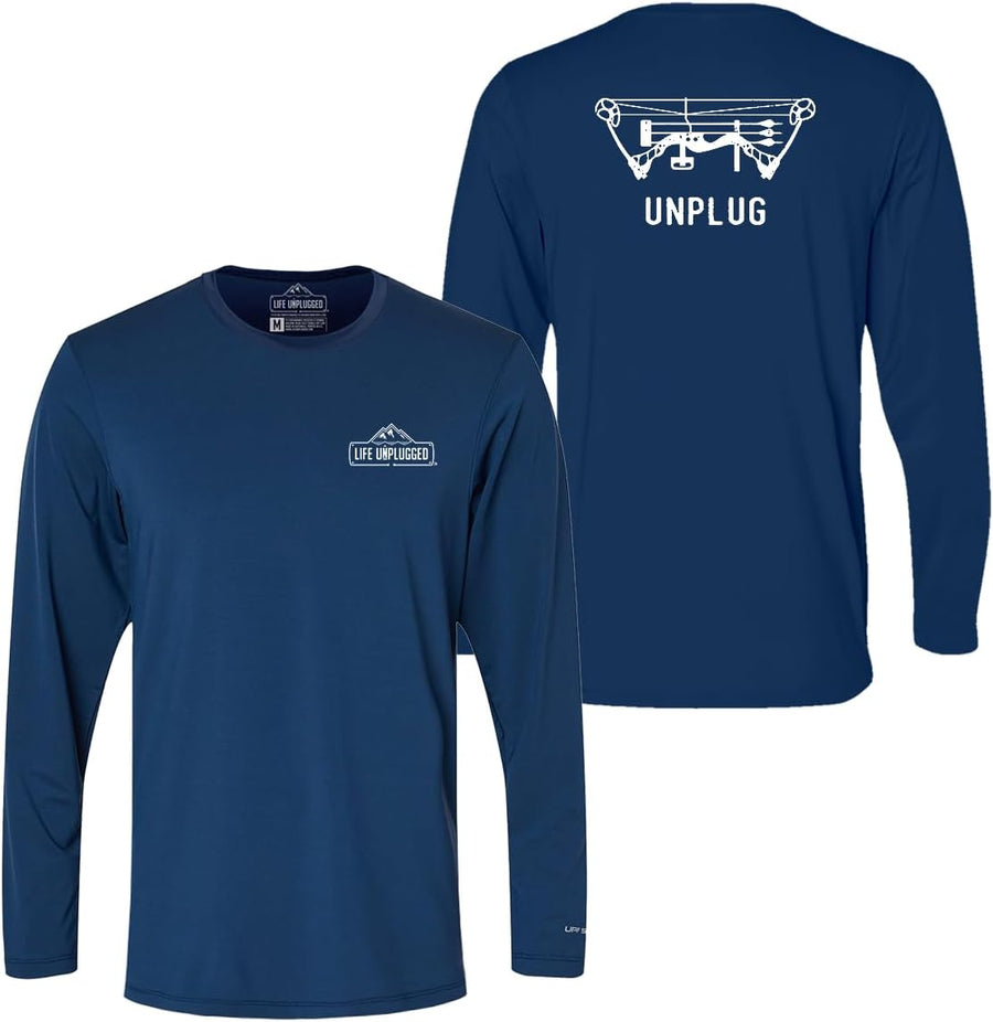 Bow Hunting Long Sleeve Shirt Men & Womens Compound Bow Poly Spandex High Performance Longsleeve with UPF 50 - Navy - Back