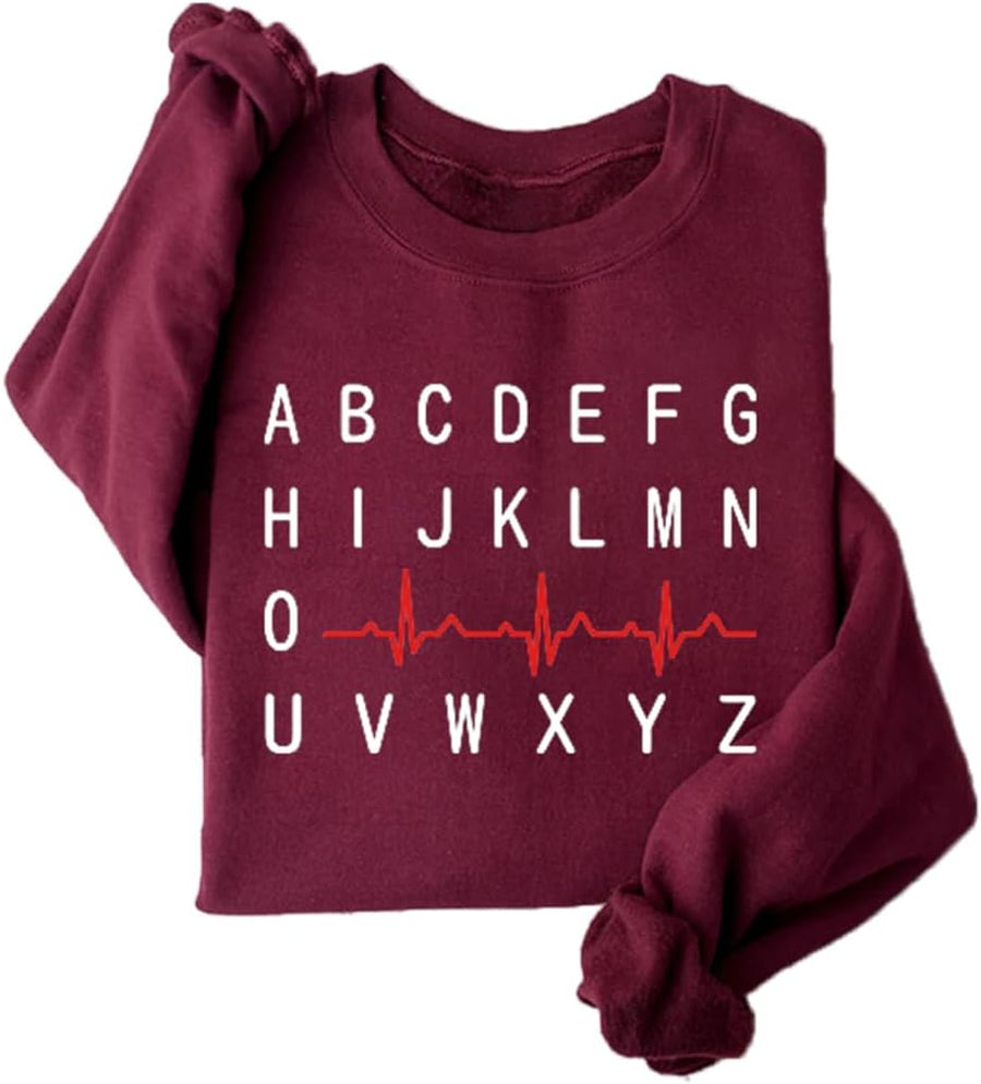 Cardiac Nurse Sweatshirt Women Registered Nurse Fleece Lined Long Sleeve Shirts Emergency Nurse Pullover Tops - Wine Red