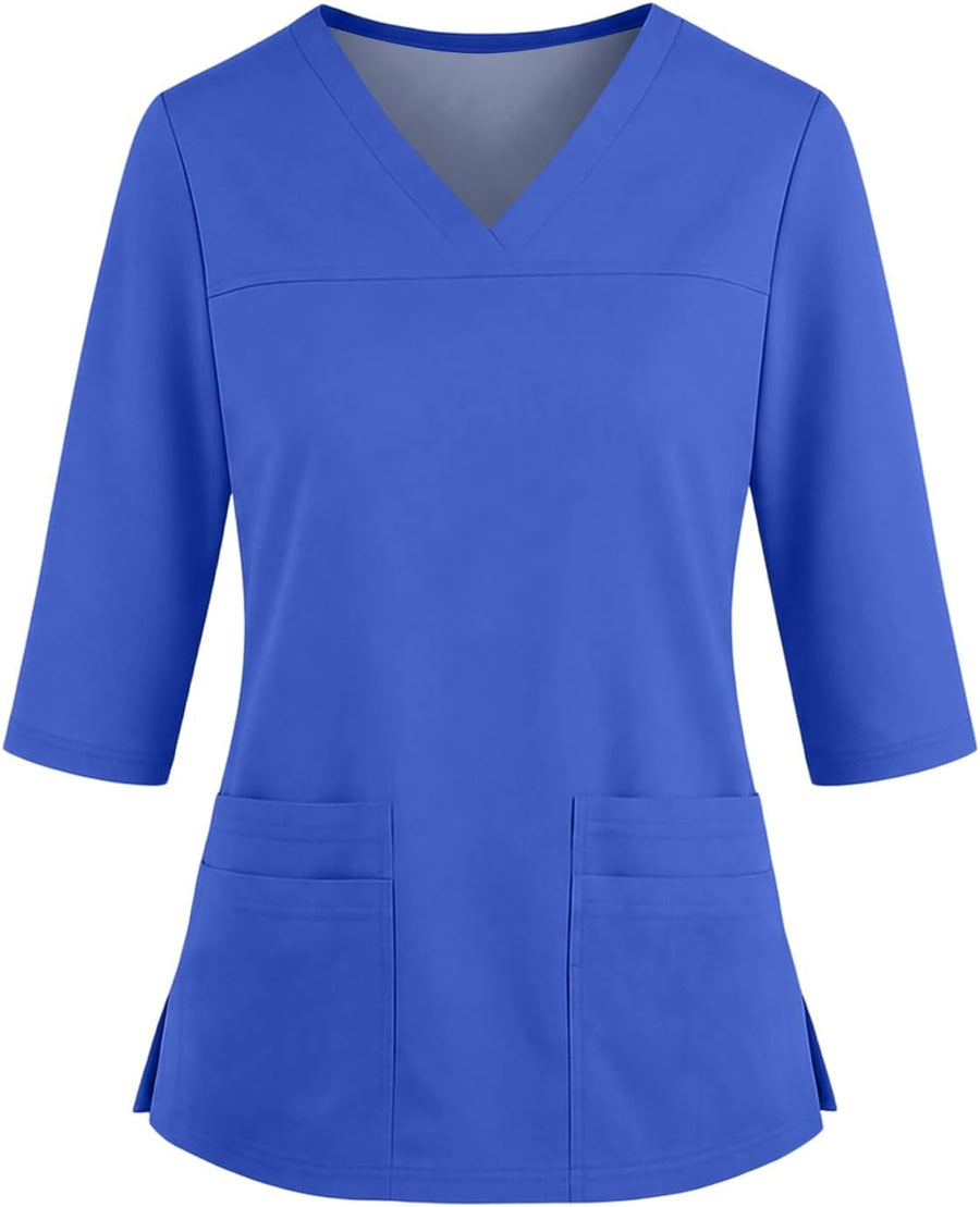 Womens Scrubs Side Slits Loose Fit 3/4 Sleeve V Neck Tops with Pockets - Ba06- Blue