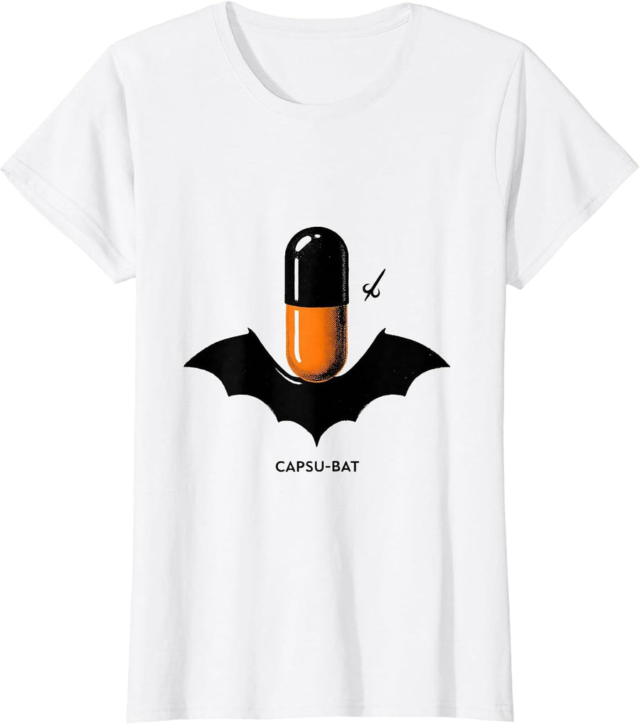 Women's Capsu-Bat Minimalist Pharmacy Halloween Pharmacist Tech Crew T-Shirt - White