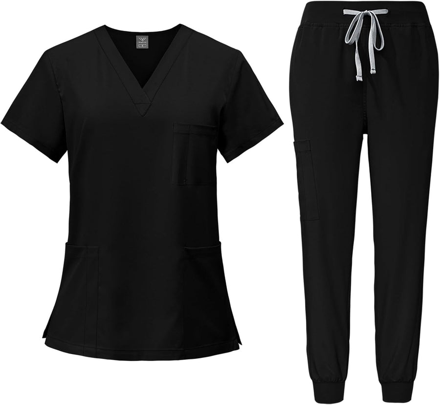 Scrubs for Women Set Stretch V-Neck Scrub Top & Jogger Pant - Quick Dry Nurse Uniforms Women Set with Multi Pockets -