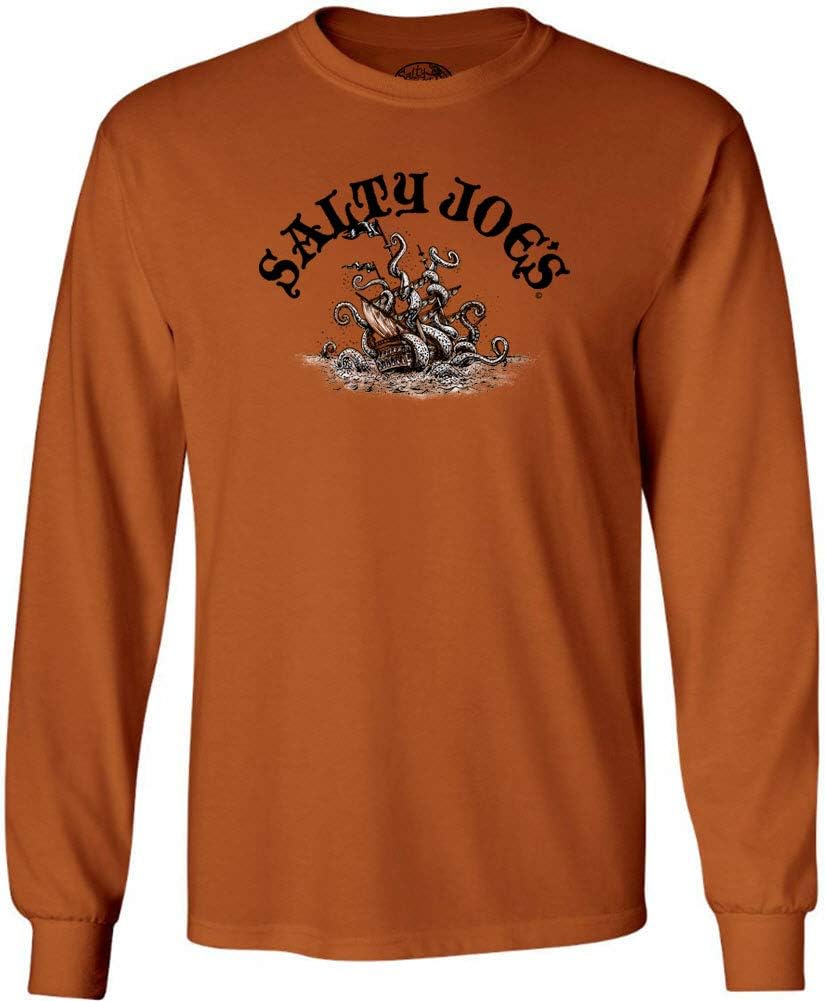 SALTY JOES Mens Octopus Attack Logo Long Sleeve Cotton Tee in Reg, Big and Tall - Texas Orange \/ Octopus Attack Logo