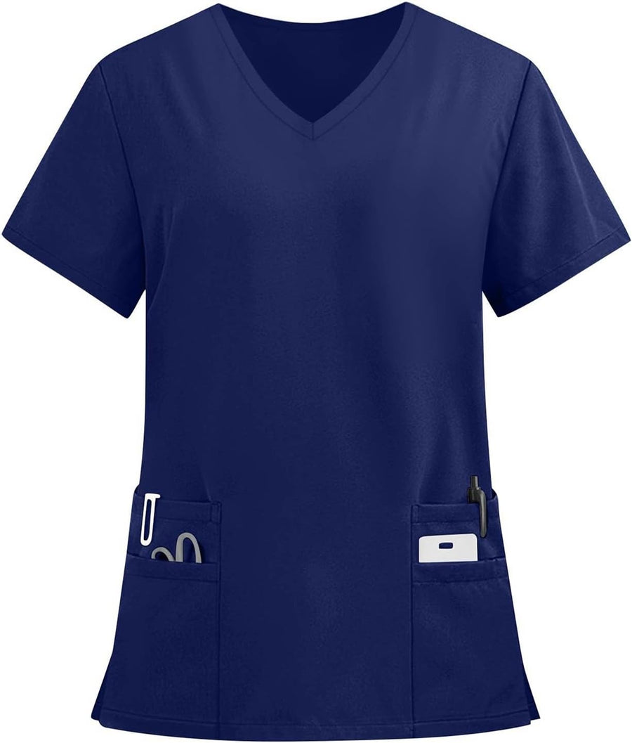 Scrubs for Women V Neck Short Sleeve Soft Nursing Shirt with Pockets - #01-navy