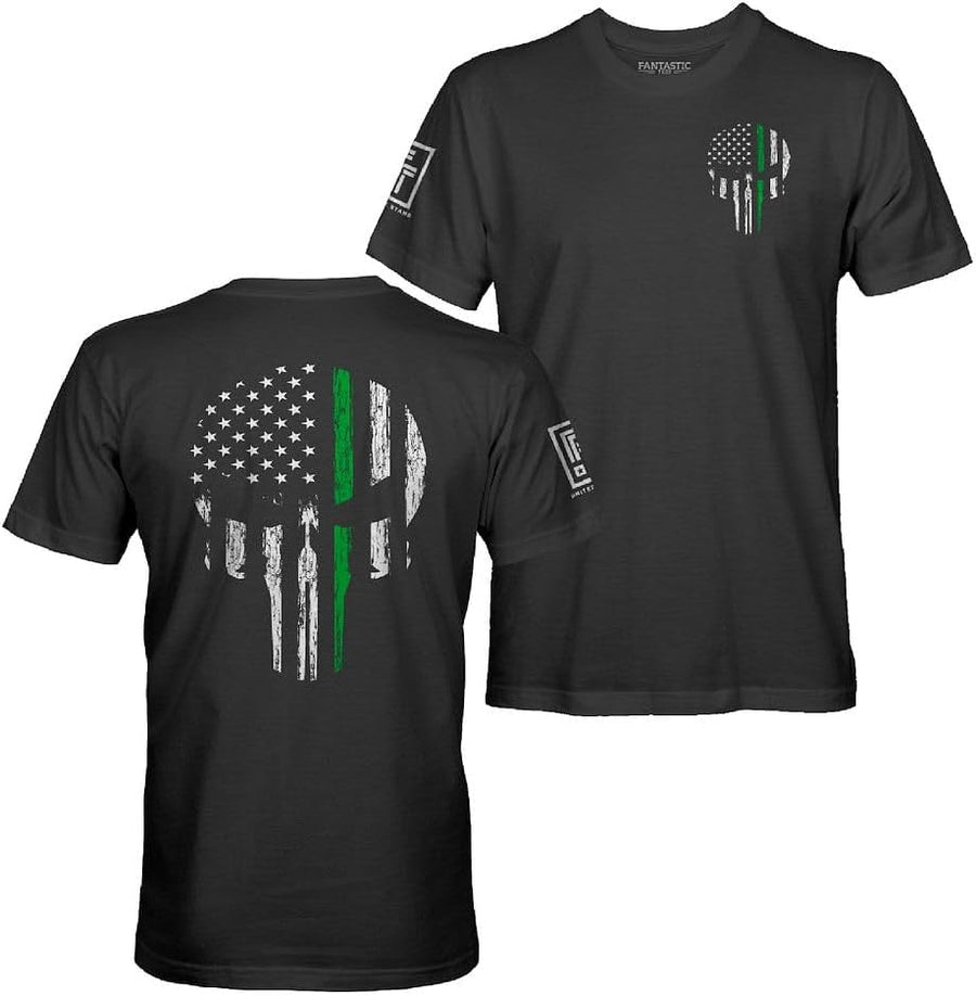 Fantastic Tees American Flag Skull Service Men's Patriotic T-Shirt - Green Line - Black Shirt