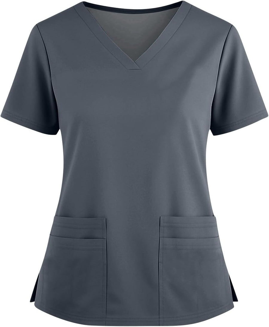 Scrub Tops for Woman Soft Stretch, V-Neck Top Nurse Scrubs Shirts with 4 Pockets - Gray
