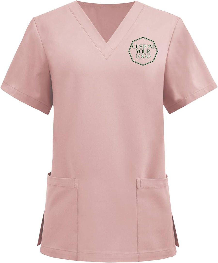 Custom Logo Text Women's Scrub Top Personalized V-Neck Medical Nursing Uniform Top for Hospital Beauty Salon - Pink