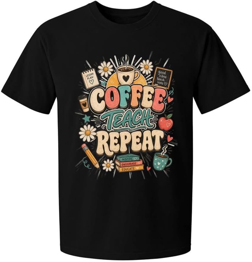 Coffee Teach Repeat T-Shirt Retro Classroom Globe Badge Tee - S4