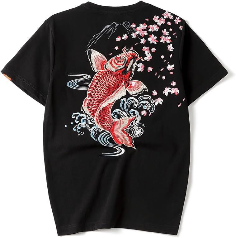 Cotton Koi Fish Embroidery T-Shirt for Men Women - 2819 Black