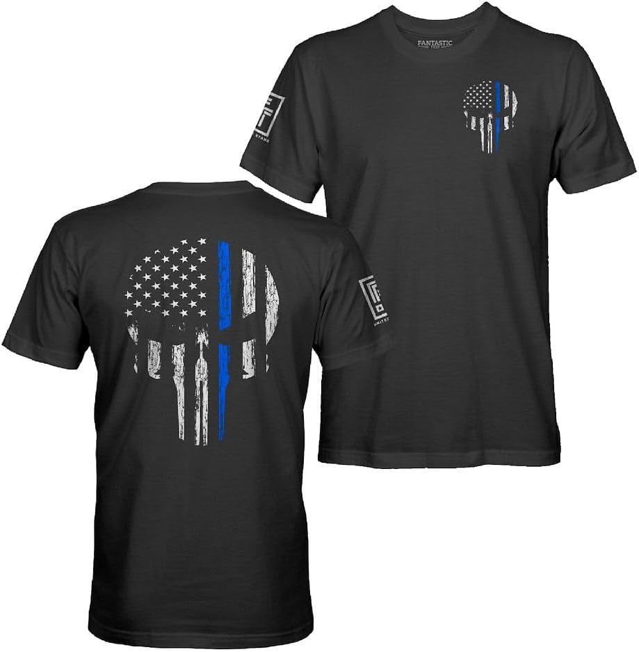 Fantastic Tees American Flag Skull Service Men's Patriotic T-Shirt - Blue Line - Black Shirt