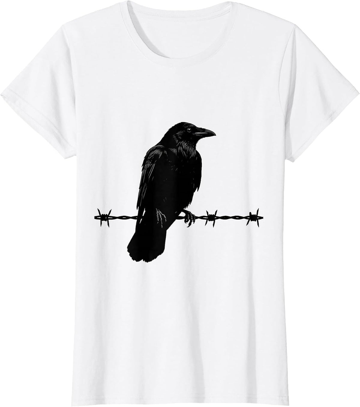 Crow Perched on Barbed Wire Fence Illustration T-Shirt - White